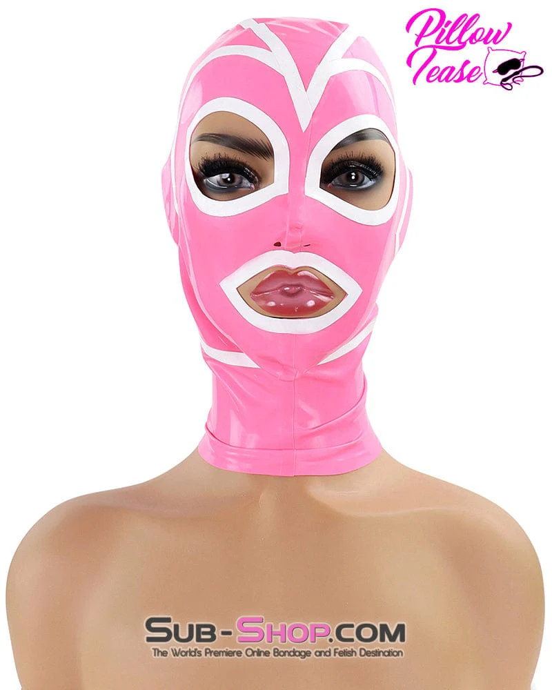 1468DL  Pink Latex Hood with White Lined Eye and Mouth Openings - Image 14